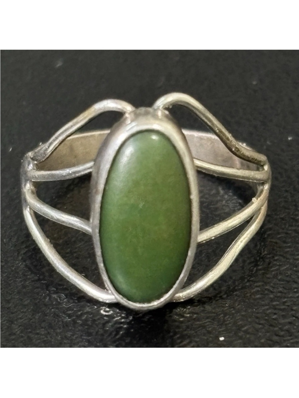 Vintage Sterling Silver Ring Size 4.25" Green Marquise Poured Green Resin